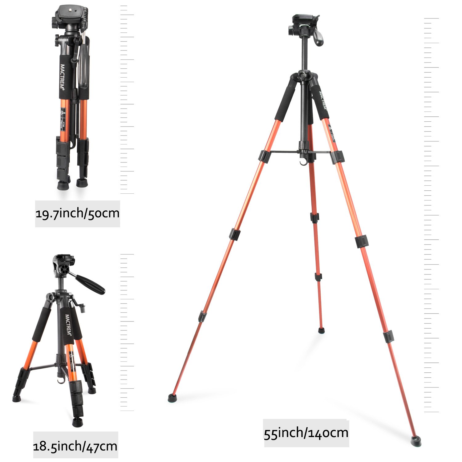 Camera Tripod Lightweight Portable Travel Tripod Aluminum Camcorder Stand MACTREM 55-Inch with Bag for DSLR Nikon Canon Sony Olympus Fuji Pentax Lumix DV Video (Orange)