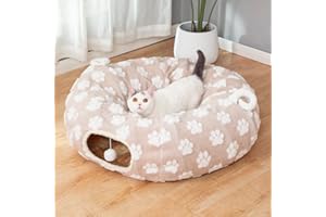 LUCKITTY Cat Tunnel Bed for Indoor Cats - Round Cat Tunnel Bed Donut Small Dog Bed Calming Pet Beds, Cute Modern Beds with Jacquard Shaggy Plush & Anti Slip Bottom, Khaki