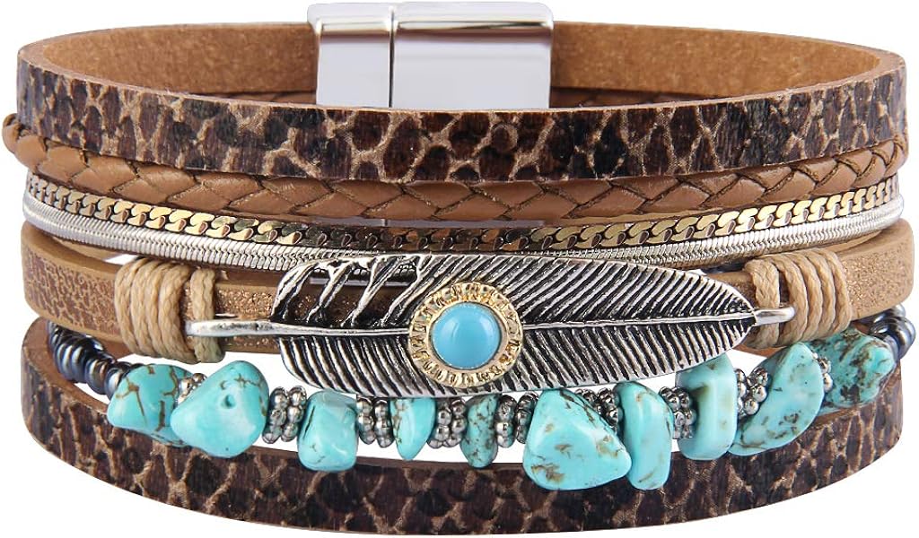 GelConnie Turquoise Wrap Bracelet Feather Cuff Bracelet Bohemian Woven Bracelet for Women Gift LPB306-Brown: Jewelry