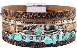 GelConnie Womens Leather Cuff Bracelet Feather Multi Strand Bracelet Wrap Bracelet Turquoise Boho Bangle Braided Leather Wristbands Bohemian Jewelry Gifts for Women Wife Sister