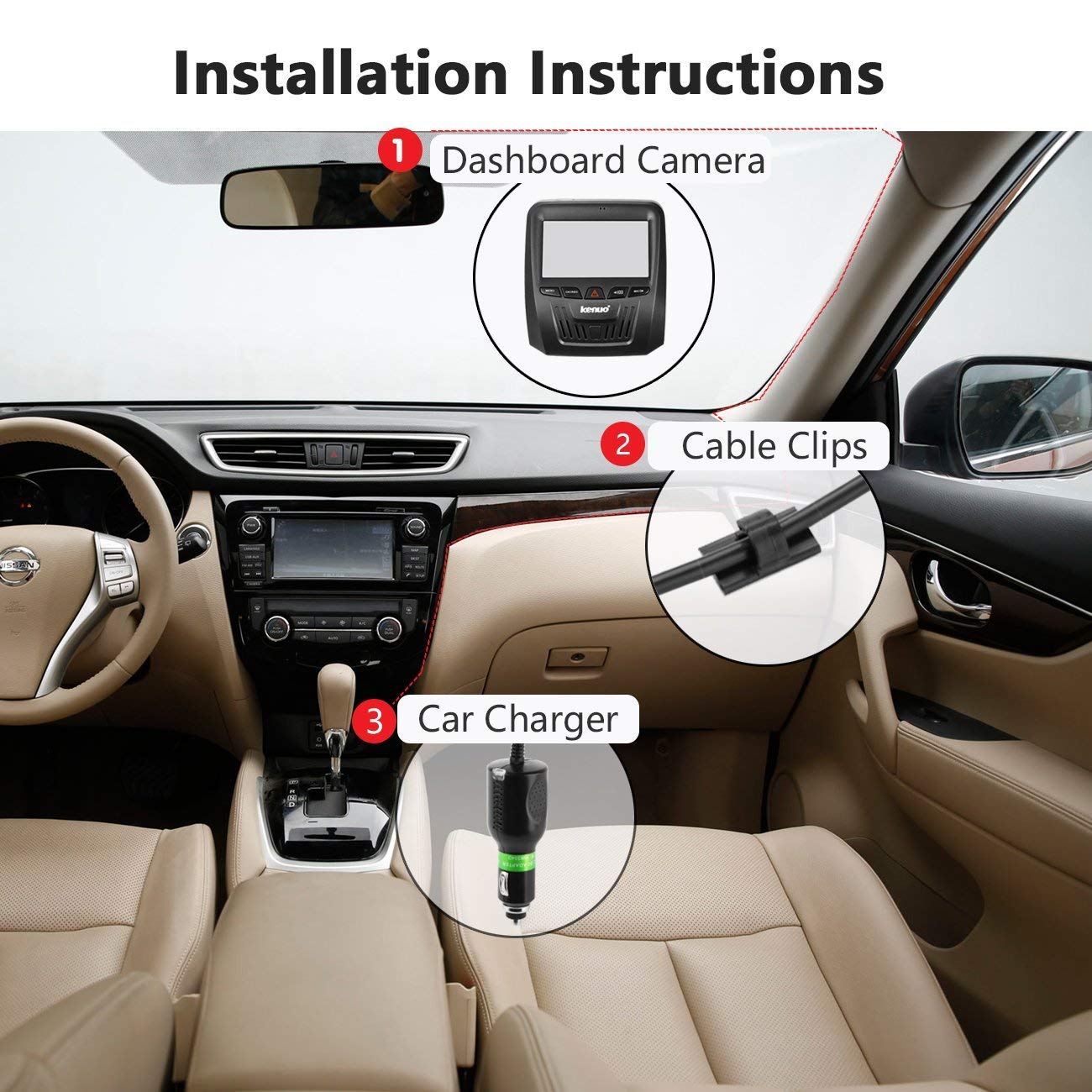 Car Dash Cam, Kenuo 3.0\'\' LCD Screen 1080P Full HD Car Recorder with SONY IMX323 CMOS Image Sensor, Night Vision, G-Sensor, 150° Wide Angle, WDR, Loop Recording, Motion Detection, and Parking Monitor