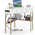 Tangkula White Corner Desk with 2 Drawers & Built-in Charging Station, 90 Degrees Triangle Corner Computer Desk for Small Space, Bedroom Makeup Vanity Desk with Storage Shelves, Corner Writing Desk