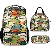 XaocNyx Frog Backpack with Lunch Box and Pencil Case Set, 3 in 1 Matching Girls Boys Colorful Backpacks Combo, Novelty Bookbag and Pencil Case Bundle