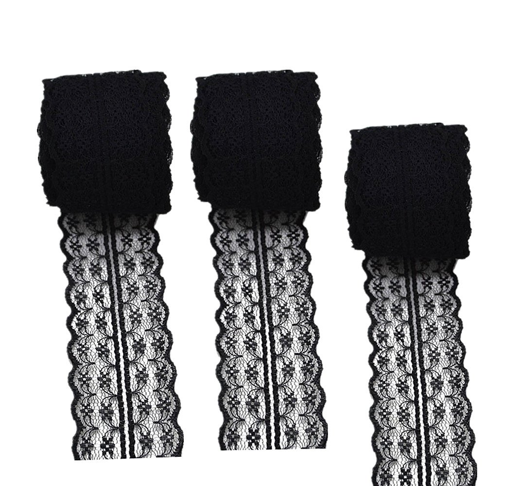 3 Rolls 10 Meters Floral Lace Ribbon Lace Trim Webbing Fabric for DIY Jewelry Making Craft Wedding Accessories Gift Wrapping(Black)