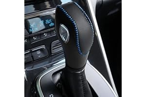 AICARS Leather Gear Shift Knob Cover Compatible with Ford Focus丨 Escape丨 Fusion丨 C-Max Energi Wagon丨 Transit 丨 Fiesta 2012-2019 Black Leather with Blue Stitches Shifter Knob Cover- Black