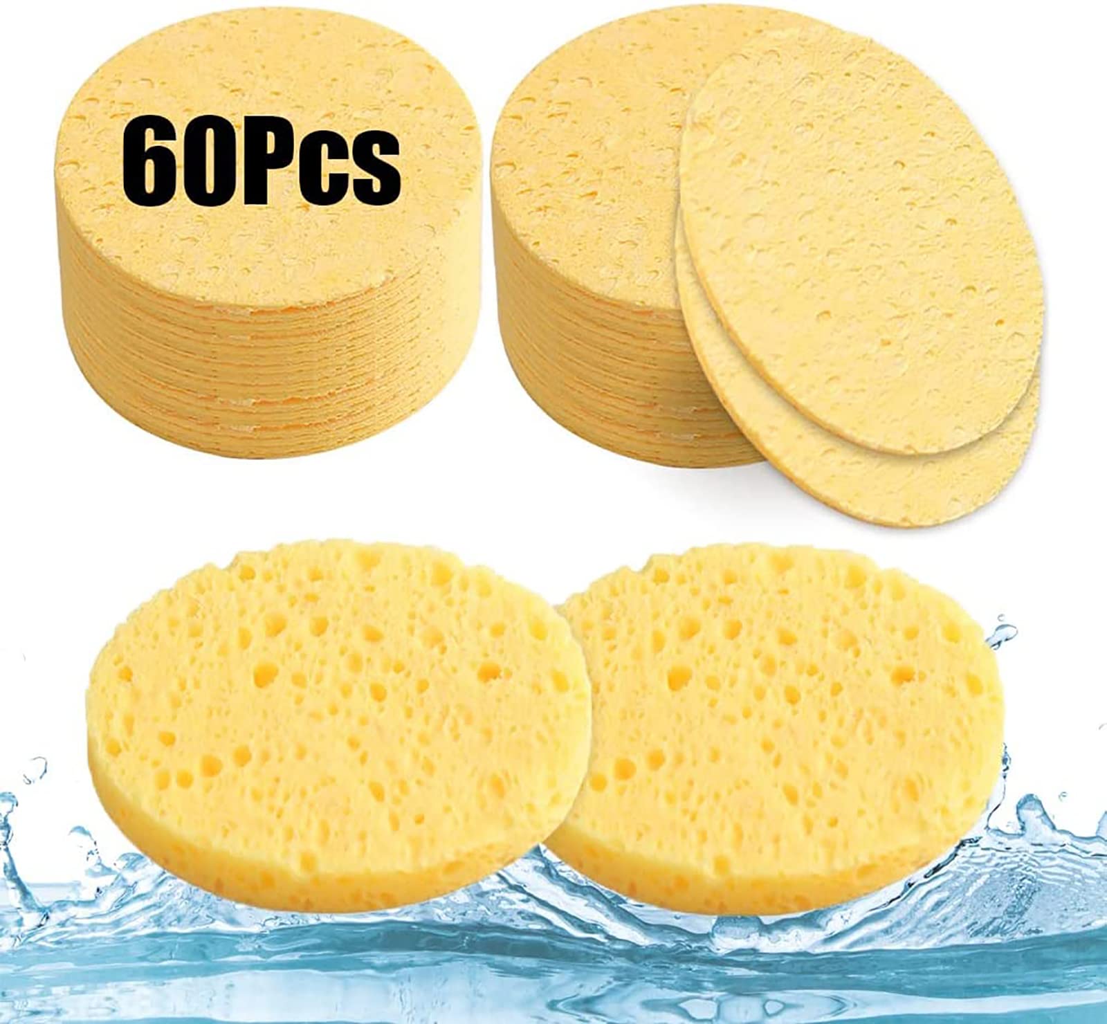60 Count Compressed Facial Sponges, 2.5Inch Yellow Wash Face Sponge Natural Wood Pulp Cotton Facial Washing Sponge Cleansing for Makeup Removal