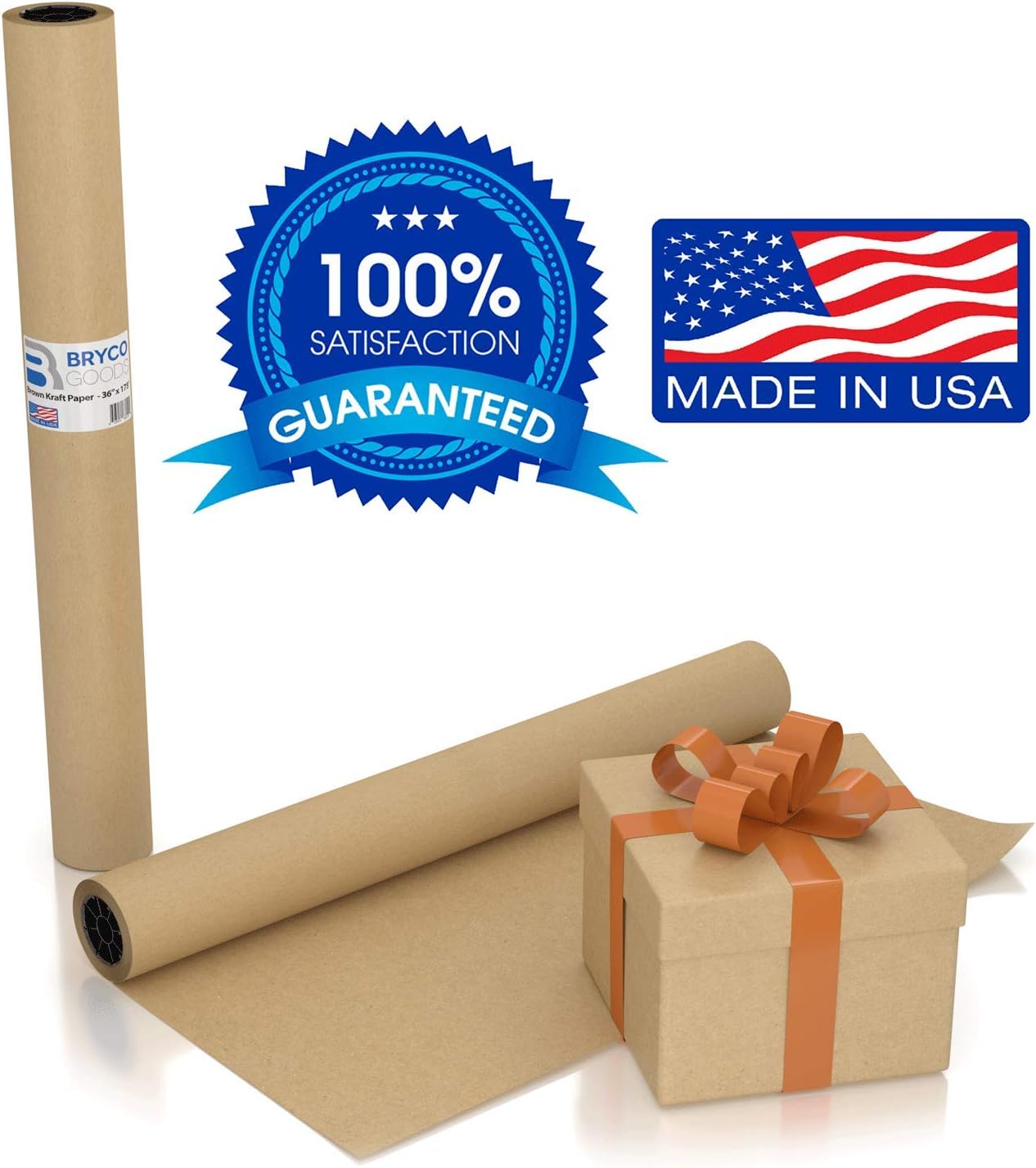Large Brown Kraft Paper Roll - 36" x 1200" (100 ft) - Made in The USA - Ideal for Gift Wrapping, Packing, Moving, Postal, Shipping, Parcel, Wall Art, Crafts, Bulletin Boards, Floor Cover, Table Runner