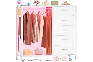 Cyclysio Dresser with Hanging Rack, 5 Fabric Drawers Dresser with Clothes Rack, Wooden Top Storage Chest of Drawers with Charging Station & LED Lights, Lockable Wheels, Closet