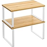 SONGMICS Cabinet Organizer Shelf, Set of 2 Kitchen Counter Shelves, Kitchen Storage, Spice Rack, Stackable, Expandable, Metal and Engineered Wood, Cloud White and Natural Beige UKCS02NW