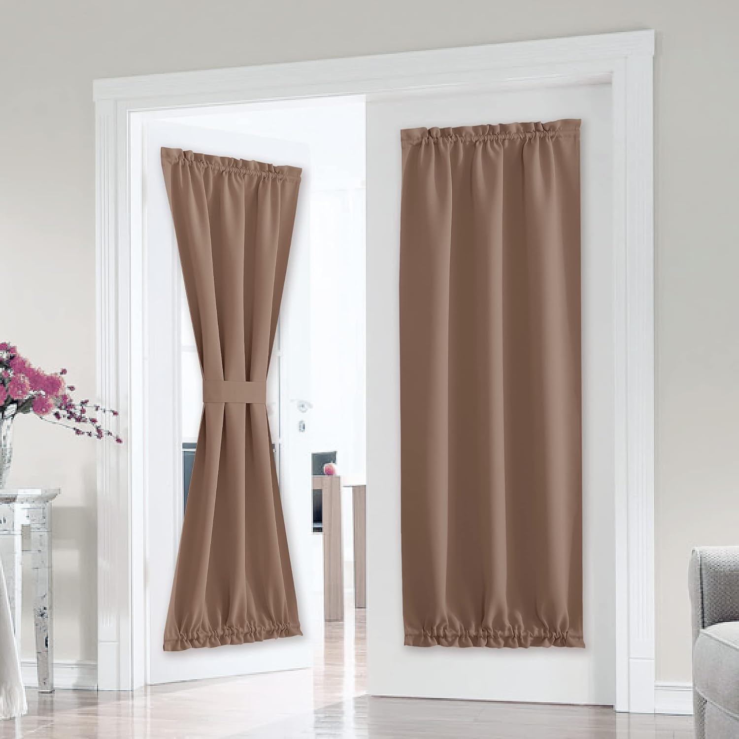 Outdoor Curtains - PONY DANCE Glass Door Curtain - Window Treatments Panels Solid Energy Efficient Rod Pocket for Metal French Patio Door with Tieback, Doorway Curtains for Door, 25 x 80 inches, Coffee Brown, 1 Piece