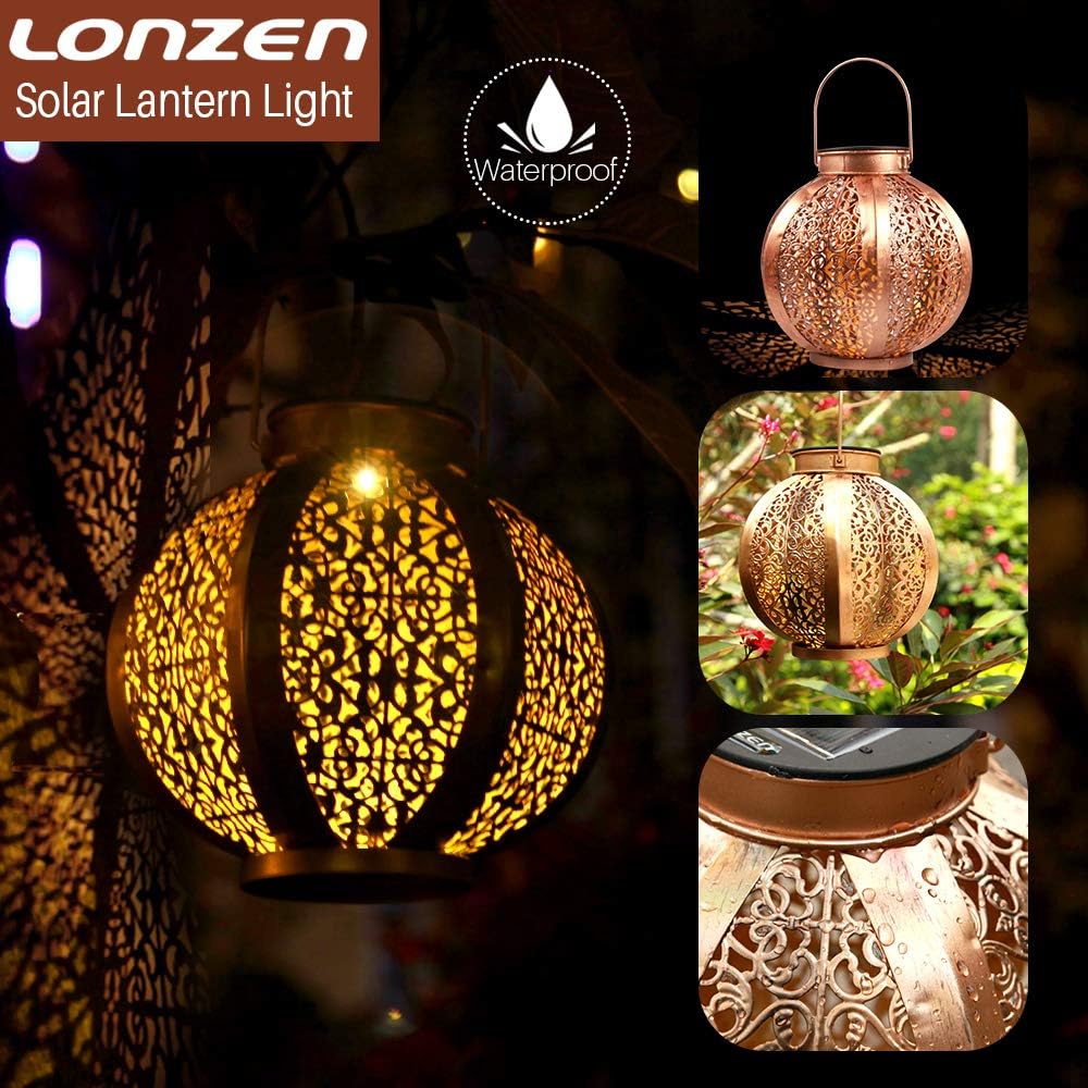 Solar Hanging Lantern Lights Outdoor - LONZEN LED Sun Powered Lights Metal, Waterproof Decorative Lamp
