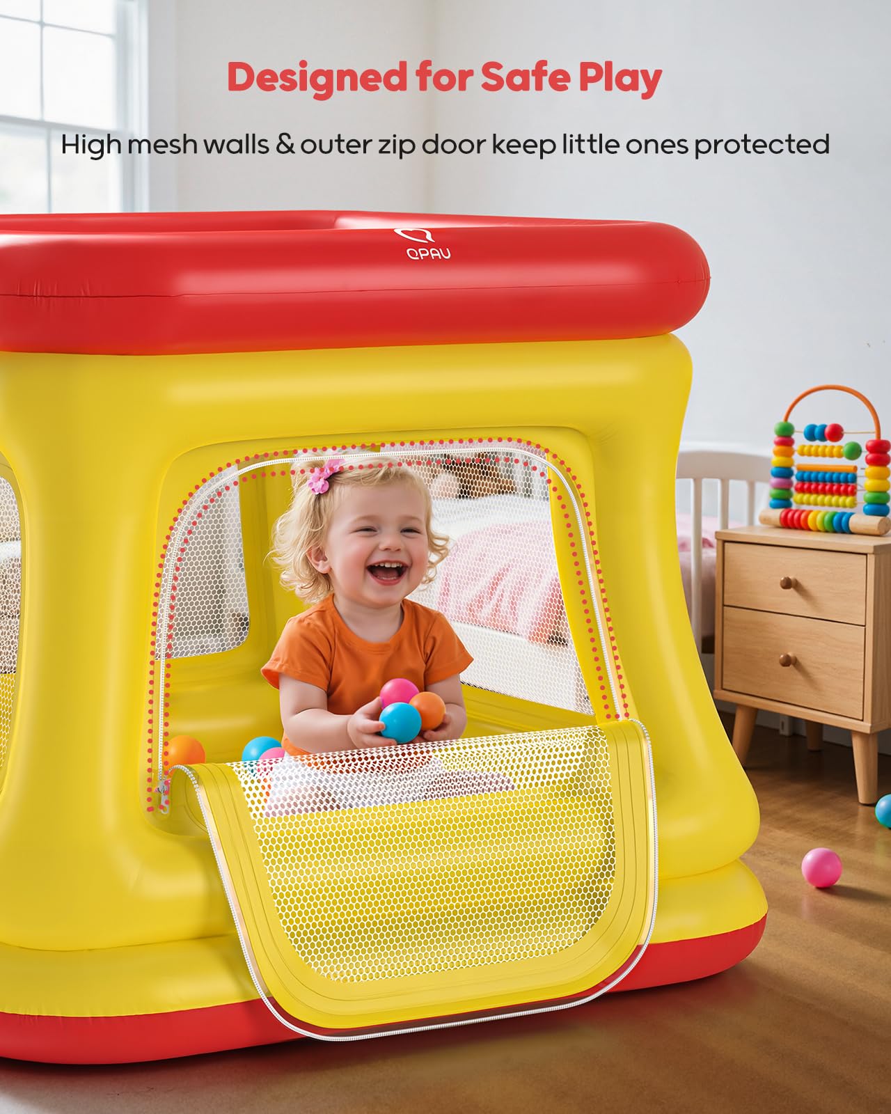 QPAU 3-in-1 Inflatable Bounce House for Toddlers 1-3, Ball Pit & Trampoline, Inflatable Bouncy House with Pump, Safety Net, Indoor & Outdoor Bubble Bouncer Baby Play Yard