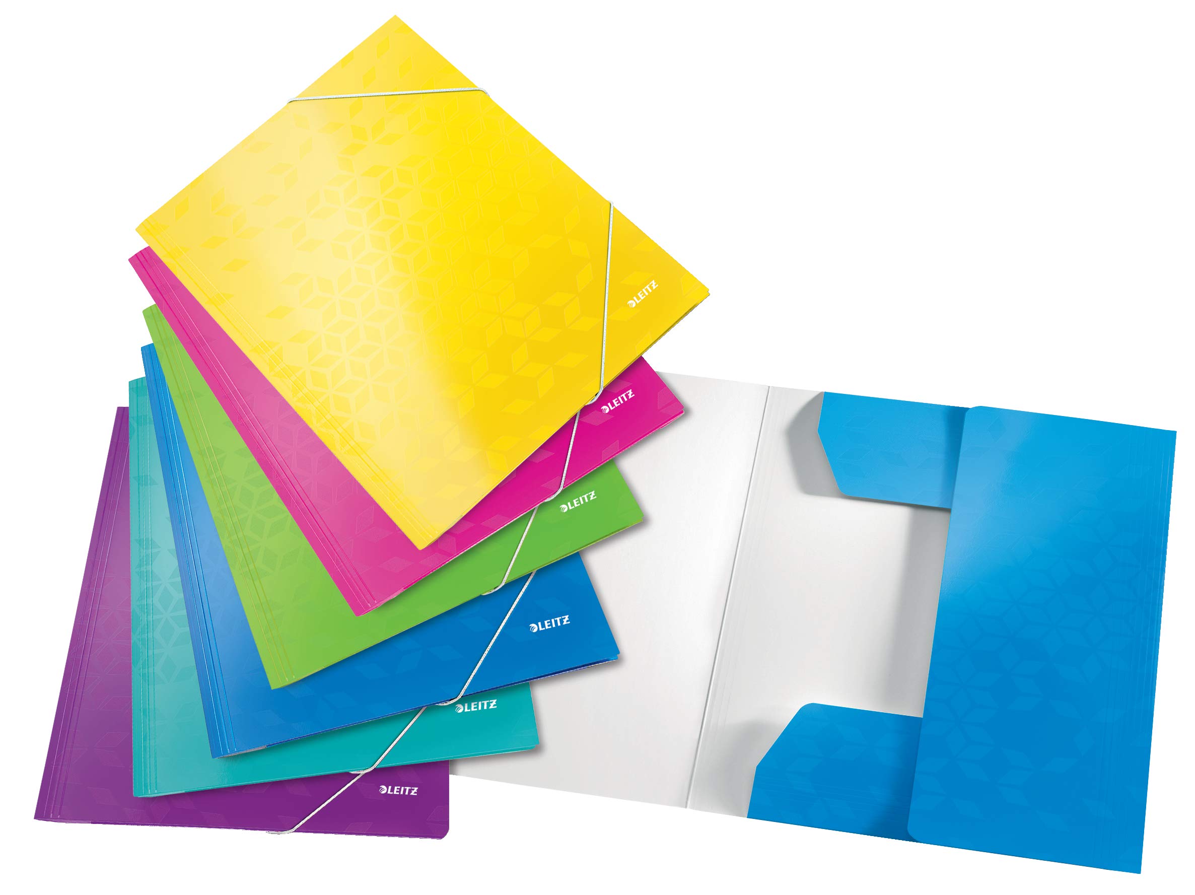 Leitz 3-Flap Folder, Holds up to 250 A4 Sheets, Elastic Closure, Flexible Plastic, Assorted set of 6, WOW Range, 39821099
