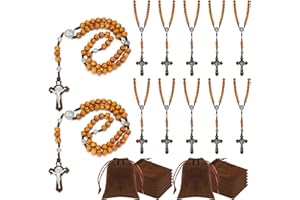 Equsion 12 Set Wooden Bead Rosary Necklace Catholic Rosary Wood Carved Beads with Jesus Cross Our Father Solid Wooden Rosary Beads with Velour Gift Pouch Baptism Favors Catholic Gift (Coffee)