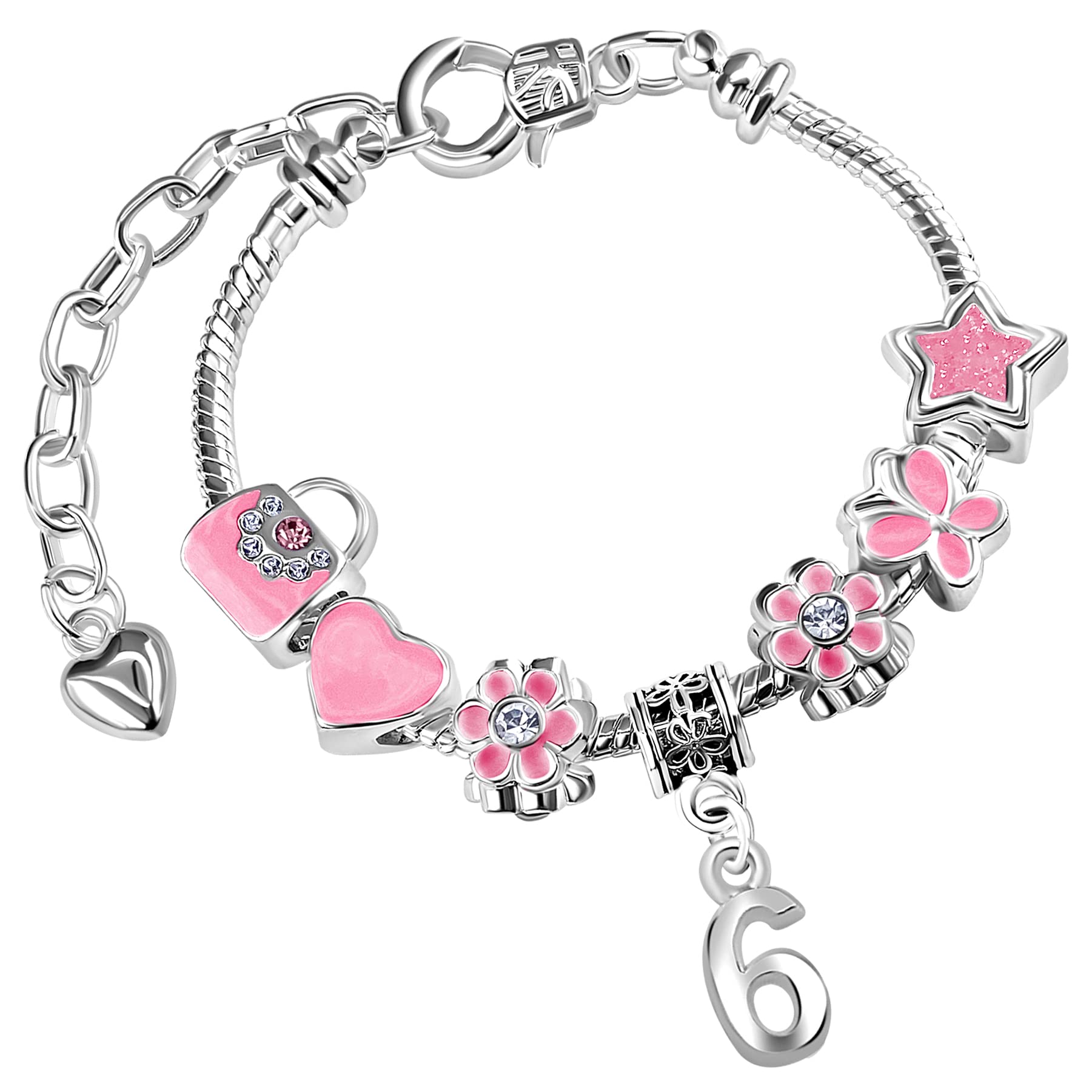 Girls 6th Birthday Sparkly Pink Handbags and Butterflies Silver Plated Adjustable Charm Bracelet with Gift Box 6th Birthday Gifts for Girls Age 6 — image 1