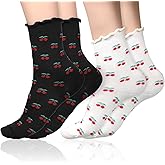 Ajcotahm 2 Pairs Cute Ankle Crew Socks, Cherry Socks Cotton Ruffle Frilly Trim Thin Breathable Casual Athletic Novelty Socks for Women Girls