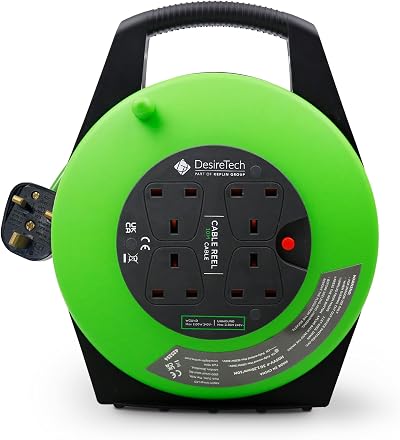 Desiretech 4 Socket Extension Lead 10m Portable Cable Reel Green Black