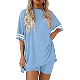 Ekouaer Womens Pajamas 2 Piece Lounge Set Casual Oversized Short Sleeve Tops Biker Shorts Set Comfy Pjs Outfits S-XXL