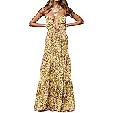 Womens Summer Floral Spaghetti Strap Backless Low Cut Smocked Milkmaid Flowy Beach Sundresses