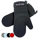Black Silicone Oven Hot Mitts - 1 Pair of Extra Long Professional Heat Resistant Pot Holder & Baking Gloves - Food Safe, BPA Free FDA Approved With Soft Inner Lining