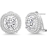 Gem Stone King 925 Sterling Silver White Moissanite Post Clip Earrings For Women (10.96 Cttw, Cushion 10MM)