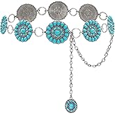 Xiokyo Turquoise Belt Silver Western Chain Belt, Cowgirl Concho Style with Turquoises Embellishment for Women