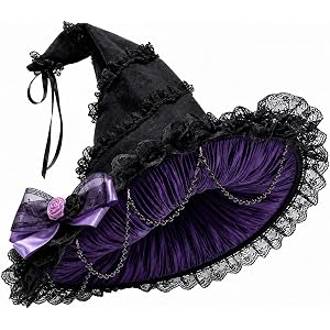 Halloween Pointed Witch Hat Gothic Ruffled Lace Trim Wide Brim Wizard Cap | Halloween Party Masquerade Cosplay Costumes, Soft