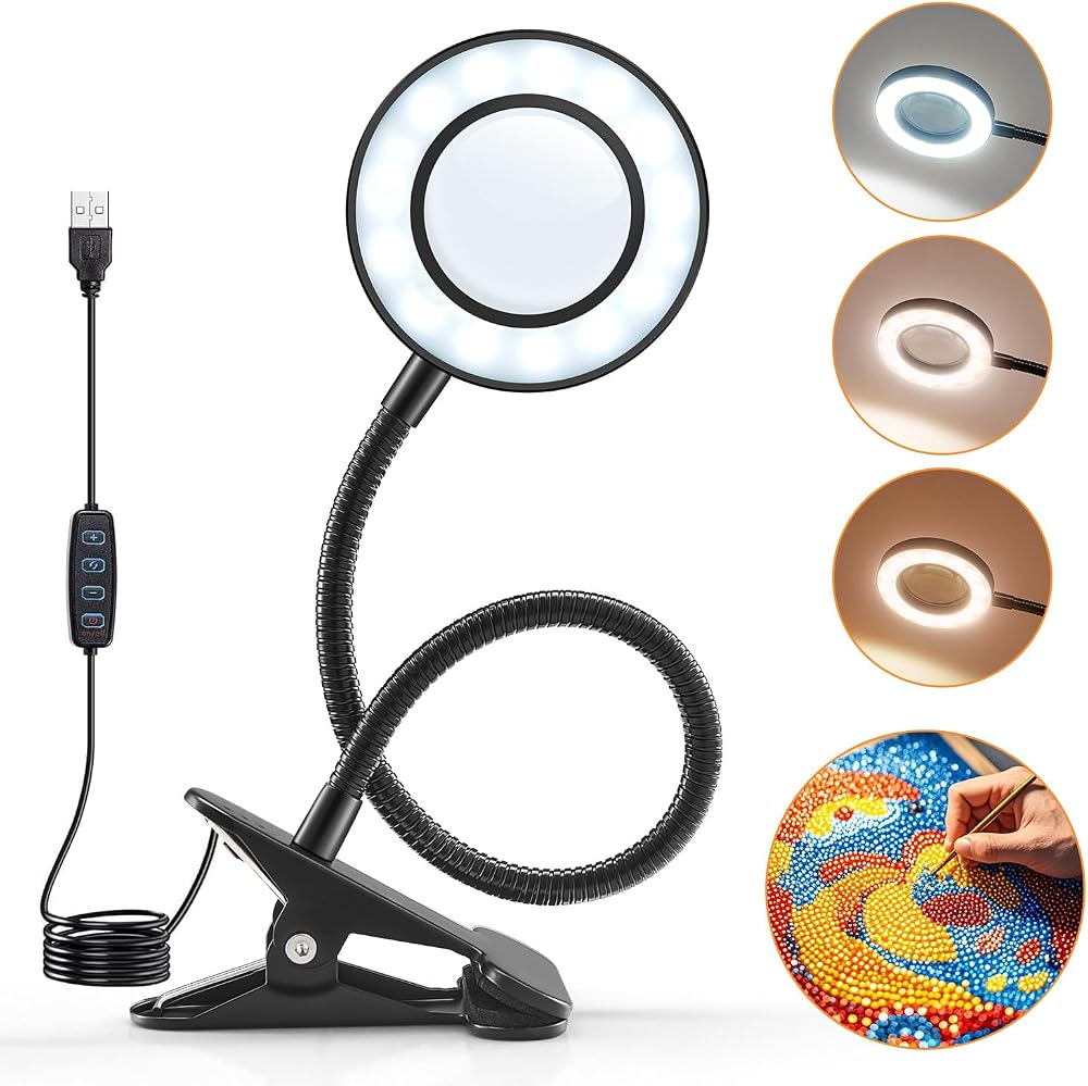 PIKOY Magnifying Glass with Light 10X, 48 LED, 3 Modes, USB Stand Lamp