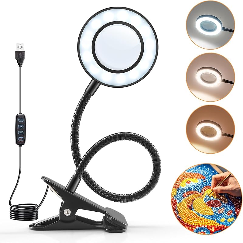 PIKOY Magnifying Glass with Light 10X, 48 LED, 3 Modes, USB Stand Lamp