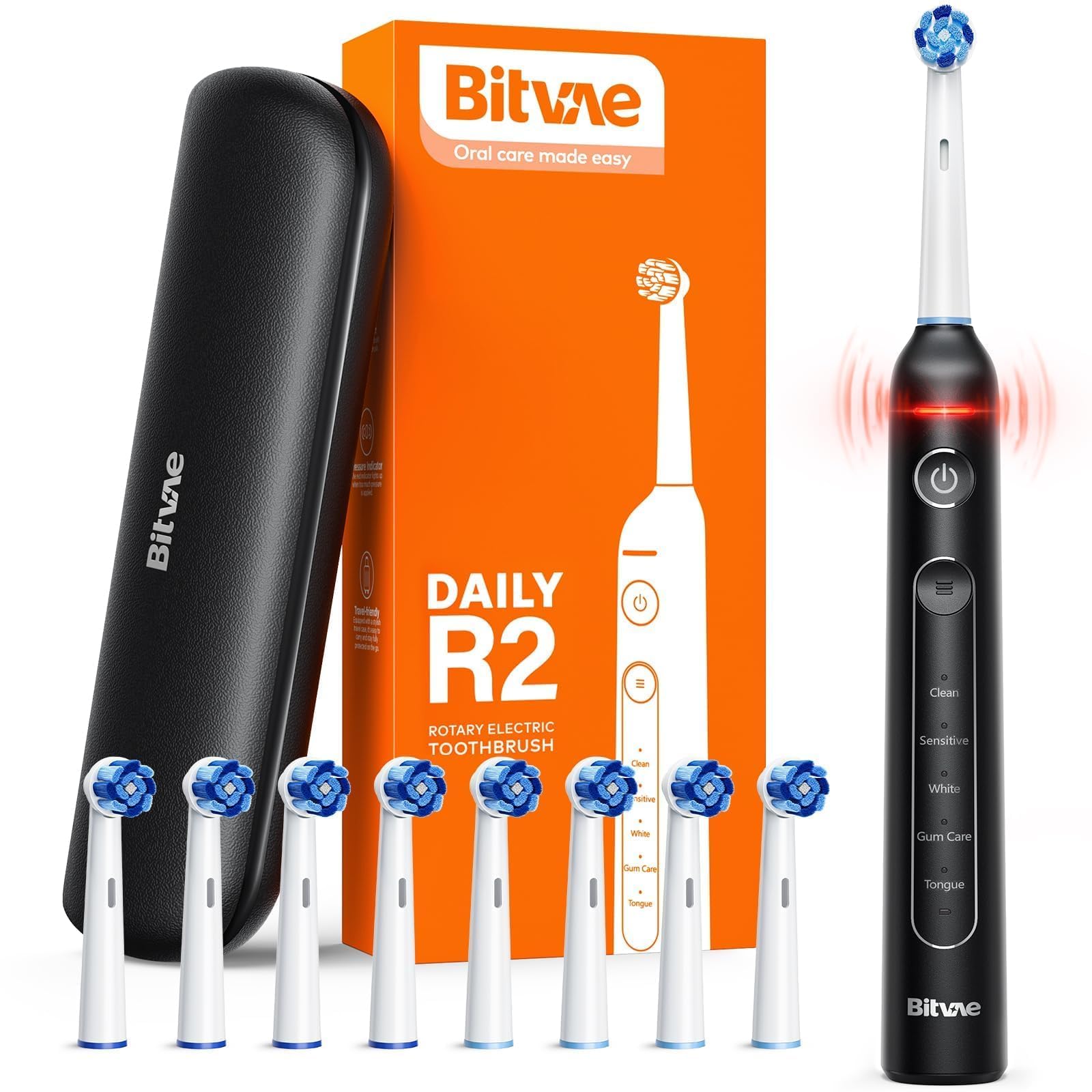 Photo 1 of Bitvae R2 Rotating Electric Toothbrush for Adults with 8 Brush Heads, Travel Case, 5 Modes Rechargeable Power Toothbrush with Pressure Sensor, 3 Hours Fast Charge for 30 Days, Black