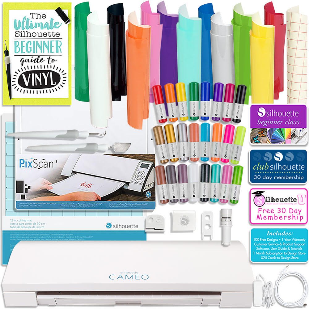 Silhouette Cameo 3 Bluetooth Bundle With 12x12 Sheets Of Oracal 651 Vinyl 24 Sketch Pens Pixscan Mat Guide Books And More