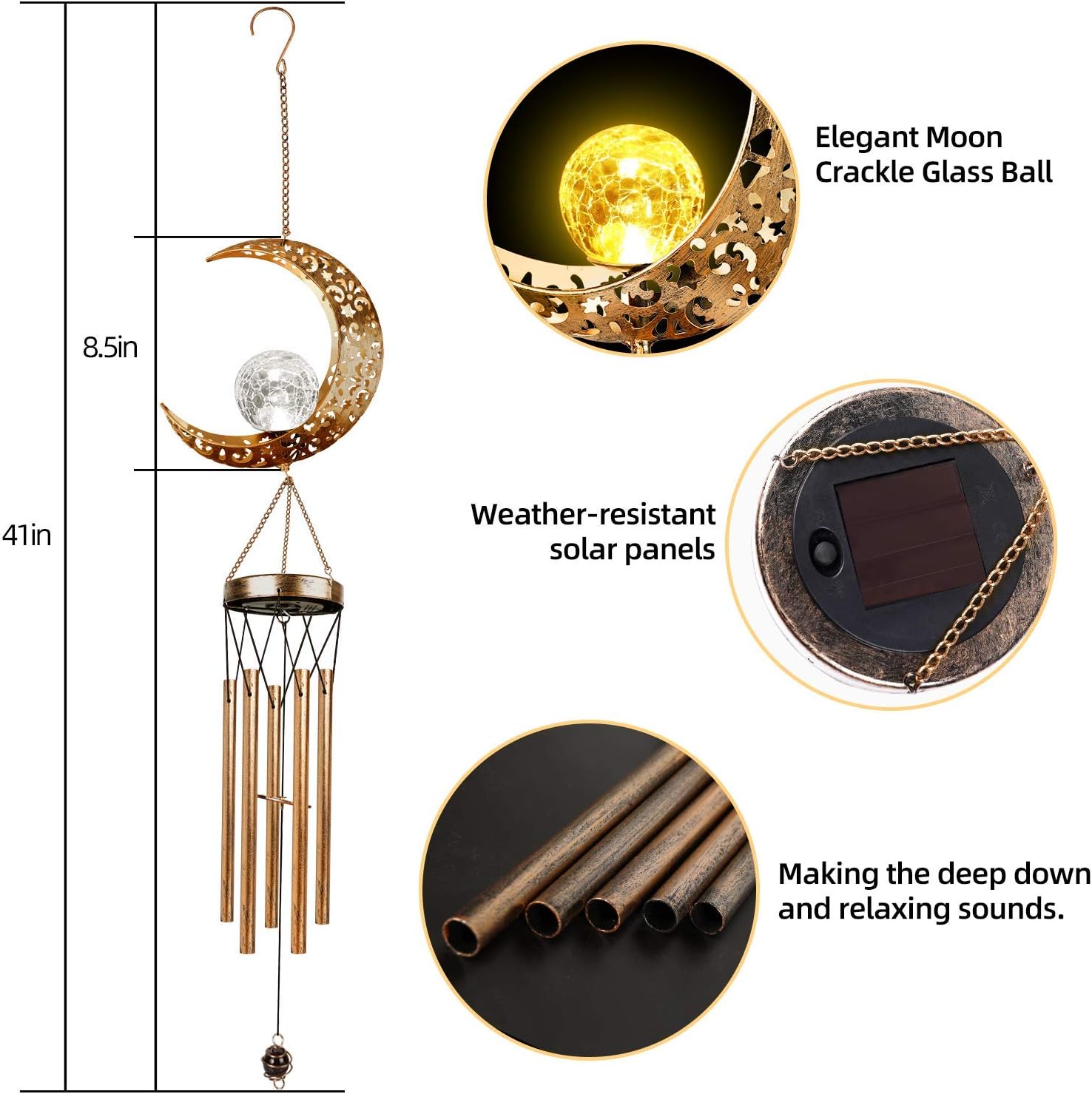 DesGully Wind Chimes, Moon Crackle Glass Ball Solar Wind Chimes with Amazing Deep Tone Outside Garden Decor for Spiritual Gifts, Unique Hanging Decor for Mom Women Grandma(41" Heavy-Duty Metal Chimes) : Garden & Outdoor