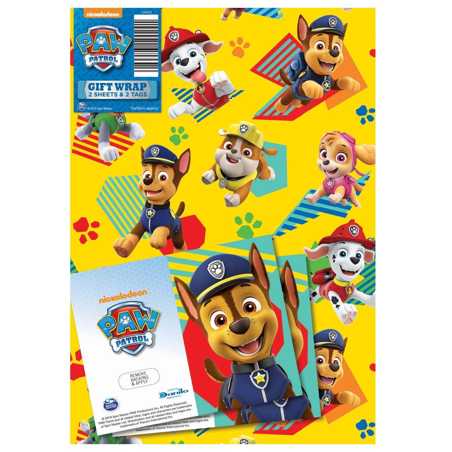 Paw Patrol Wrapping Paper 6 Sheets 6 Tags Sheet Size 70cmx50cm Official Product Responsibly Resourced