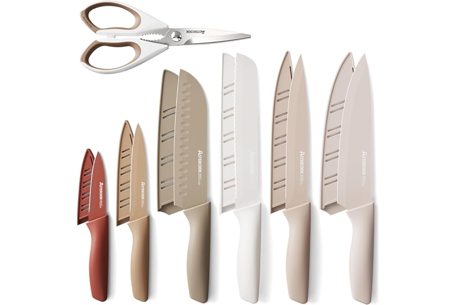 Astercook Knife Set, 13 Pieces Kitchen Knives Set with Healthy Anti-Rust Coating, Dishwasher Safe, Stainless Steel Chef Knife Sets with 6 Blade Guards, Perfect Holiday Gifts for Kitchen