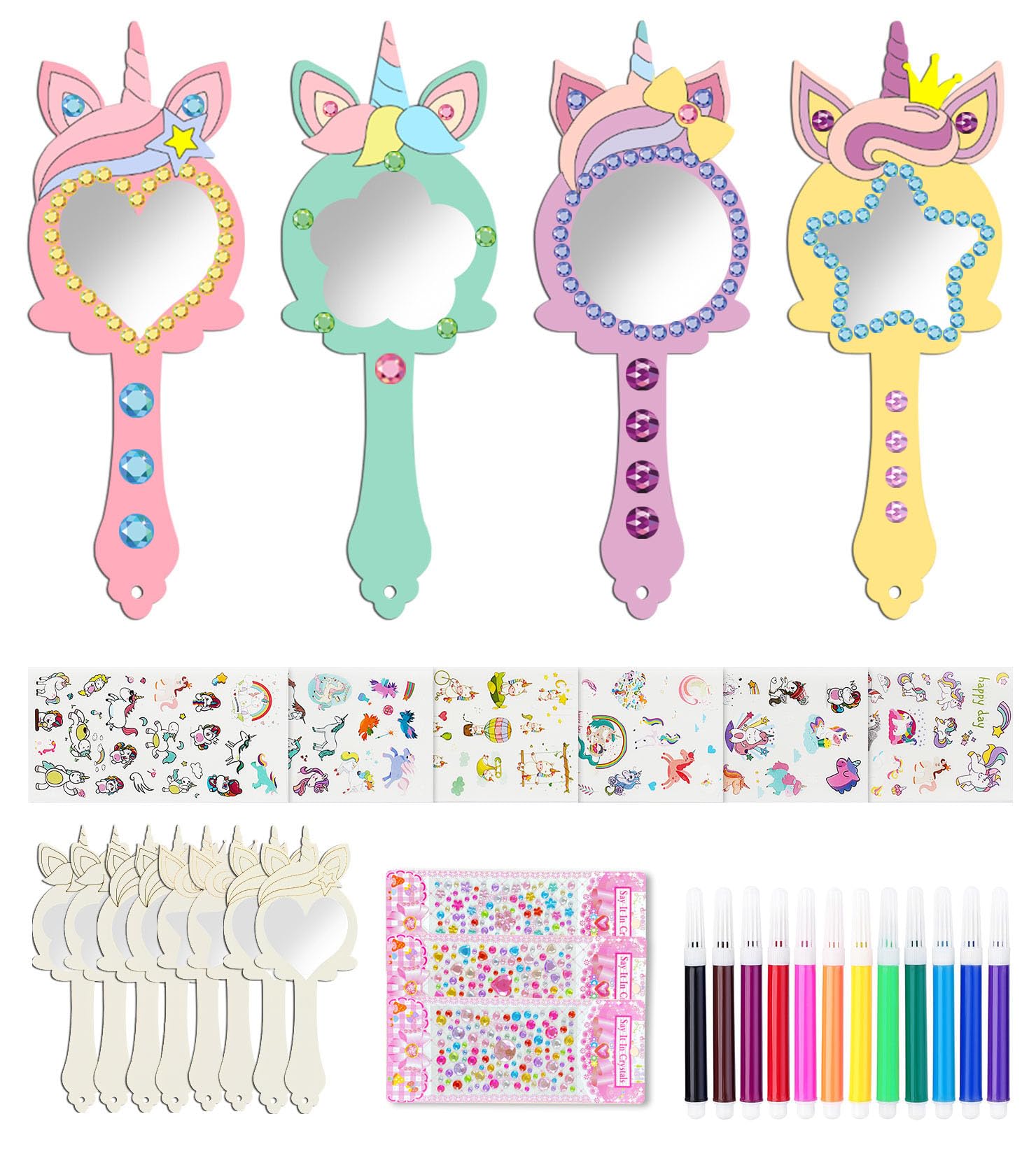 Unicorns Crafts, Pack of 22 Children's Birthday Unicorn Wooden Mirrors for Children, DIY Wooden Craft Set, Birthday Decoration, Handmade Mirror, Unfinished Hand-Painted Mirror, Gift for a Girl