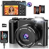 4K Digital Camera for Photography and Vlogging, 64MP Compact Autofocus YouTube Video Camera with Dual Lens 3" IPS Selfie Anti-Shake, 16X Zoom, Flash, 32GB Card, 2 Batteries, Teens & Beginners, Black