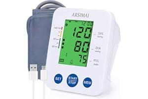 ARSIMAI Blood Pressure Monitor Accurate Automatic Upper Arm High Blood Pressure Monitors Portable LCD Screen Powered by Battery with Adjustable Cuff and Storage Bag -White