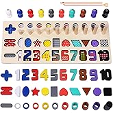 MTTIERY 5 in1 Puzzle Board Montessori Toys for Toddlers Number Shapes Counting Board Boys and Girls Math Stacking Building Bl