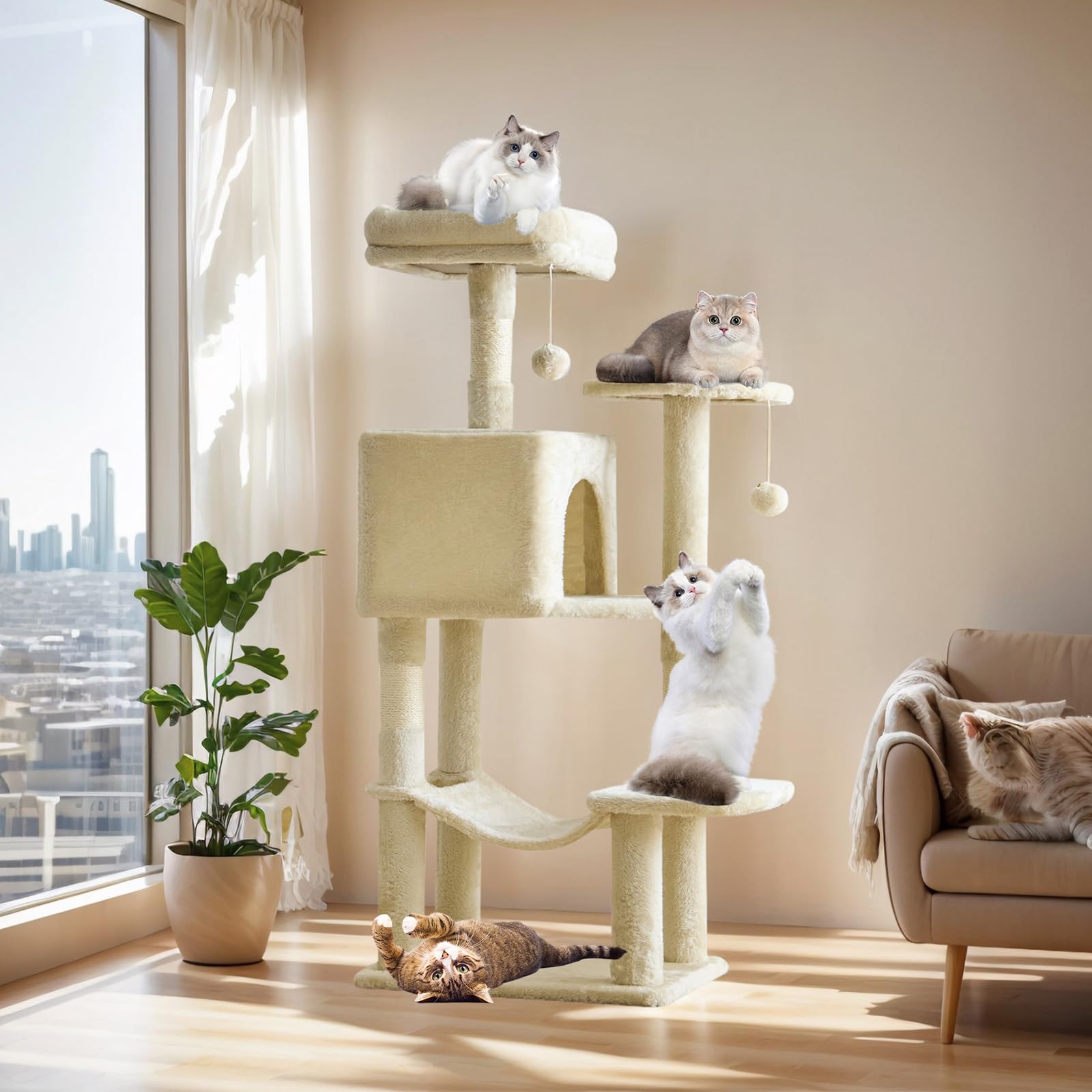 Sweetcrispy 44 Inch Cat Tree Tower, Cat Climbing Tower with Natural Sisal Scratching Posts, Hammock, Pet Condo for Indoor Cats and Kittens Play, Beige Image