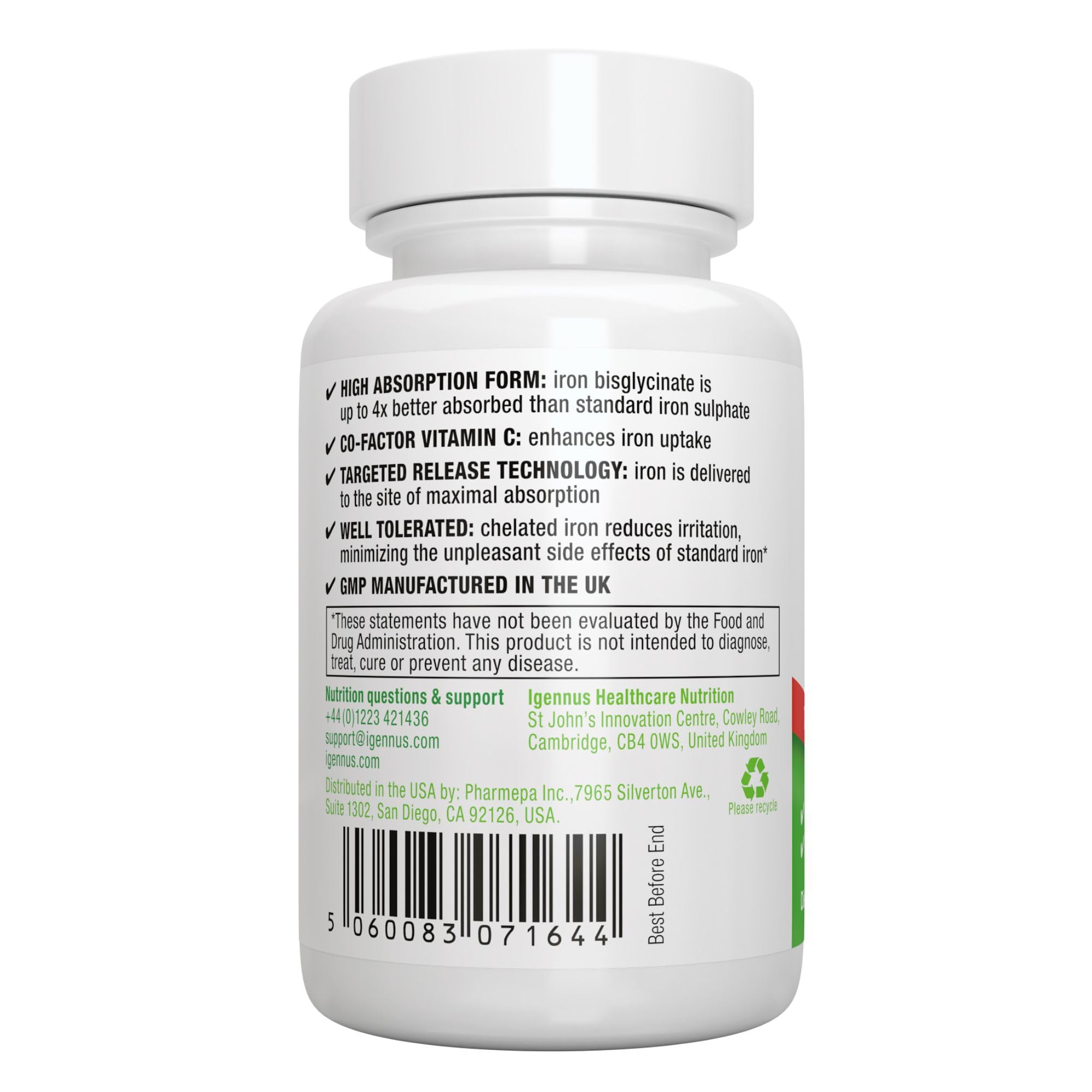 Igennus High Absorption Chelated Iron Bisglycinate 20mg, Vitamin C, 6 Month Supply, Gentle Formula, Clean Label & Targeted Release Ferrous Bisglycinate for Women and Men, One Daily, Vegan, 180 Tablets