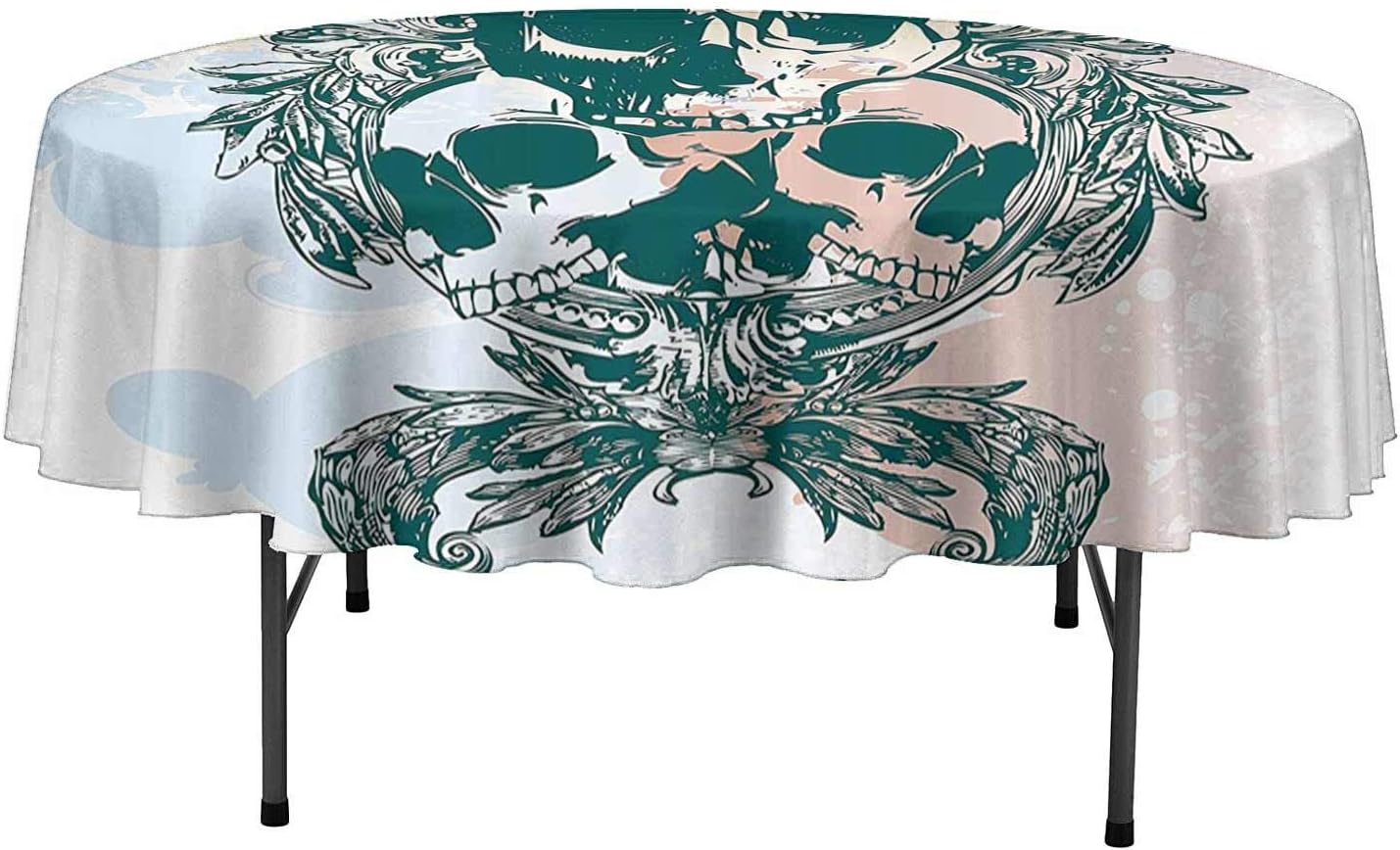 Polyester Fabric Tablecloths Skull Scary Deadly Rocker Skeleton Head Trio with Frames from Leaves Image Tablecloth for Restaurant Party D55 Inch Emerald Lilac Light Yellow