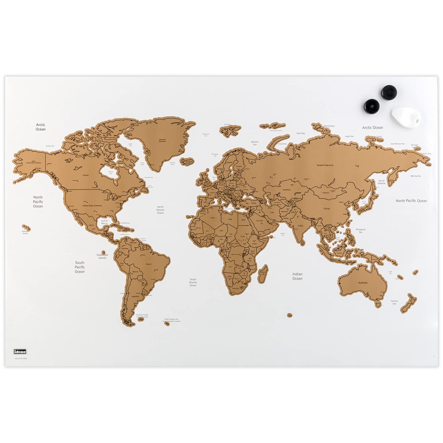 Idena Magnetic Board 60 x 40 cm World Map with Accessories for Labelling and Scratching