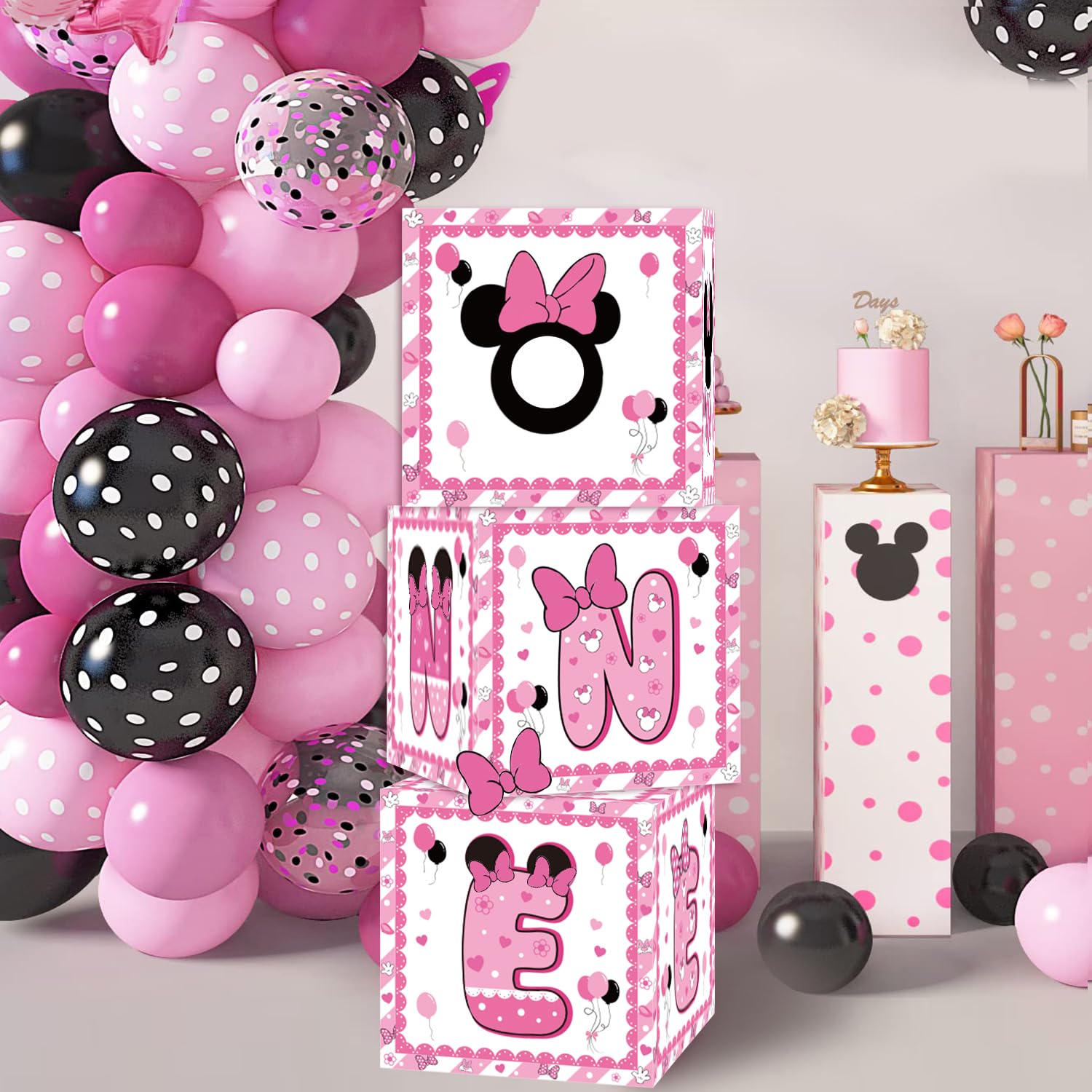 Photo 1 of Mouse 1st Birthday Party Supplies, Black and Pink Balloon Box With Letters, Mouse Theme One Years Old Party Favors for First Birthday Decoration