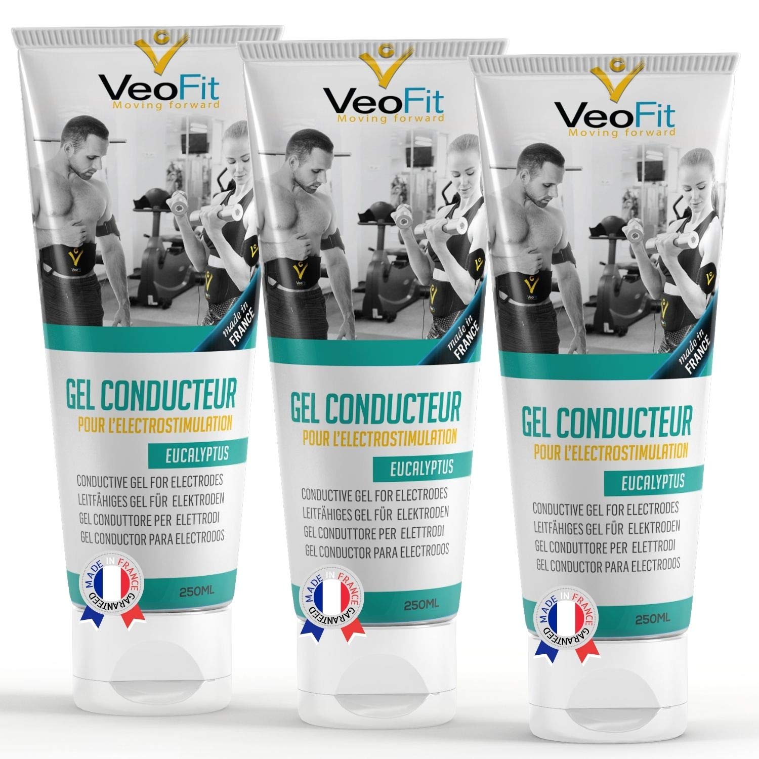 VEOFIT- Conductive Gel for Ab Belt Eucalyptus 3x250mL, Electrostimulators, EMS TENS Electrodes - Improves electrode contact and protects the skin - Made in France