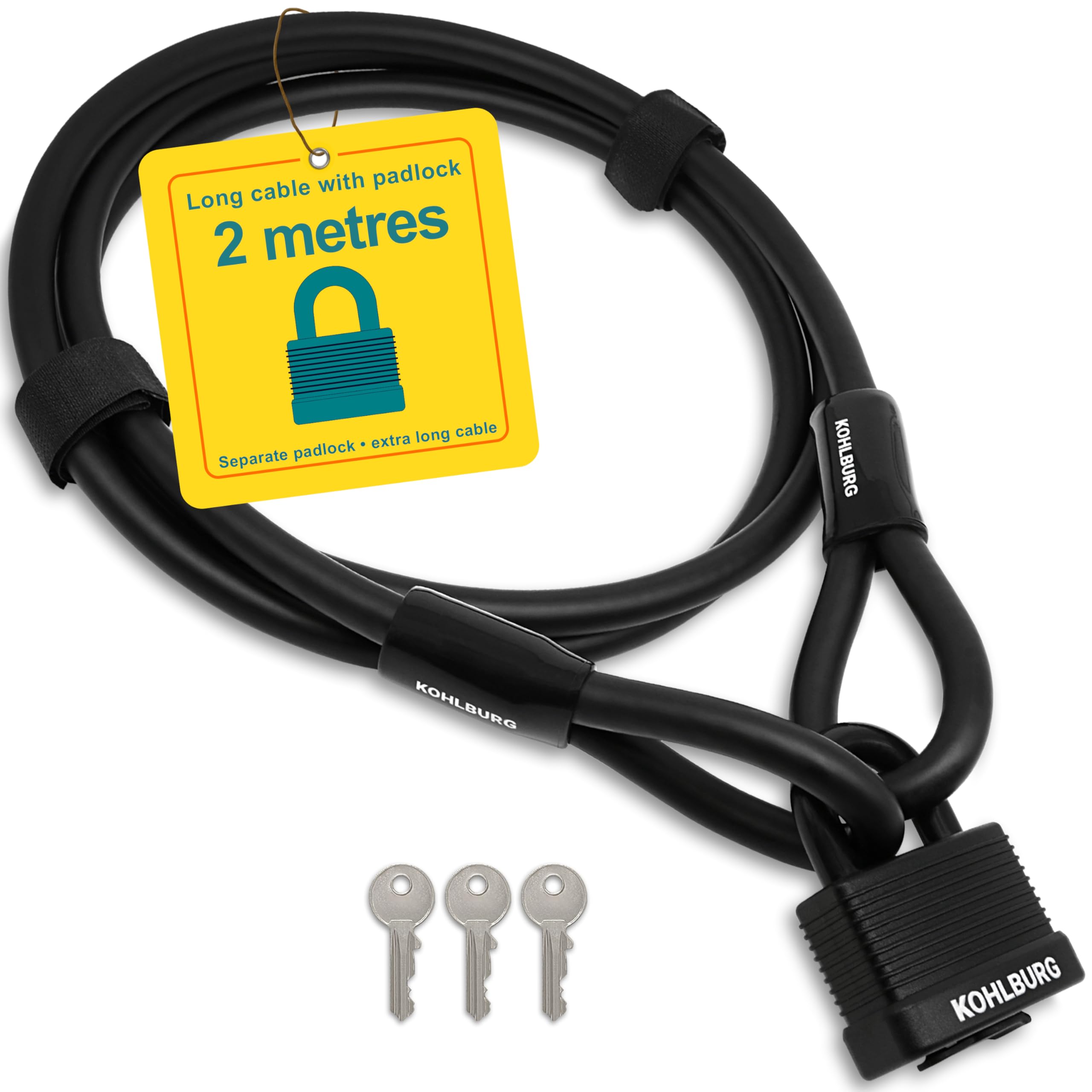 KOHLBURG Cable Bike Lock 2m Long & Padlock with Key [3X], Easy Click-to-Close – Bicycle Lock with 200cm Loop Cable – Steel Cable for Trailer & Stroller, Multiple Bikes & Garden Furniture