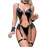 OYOANGLE Women's Pu Lingerie Set with Leather Strappy Garter Belt 4 Piece Bra and Panty Set Tassel Bodysuit
