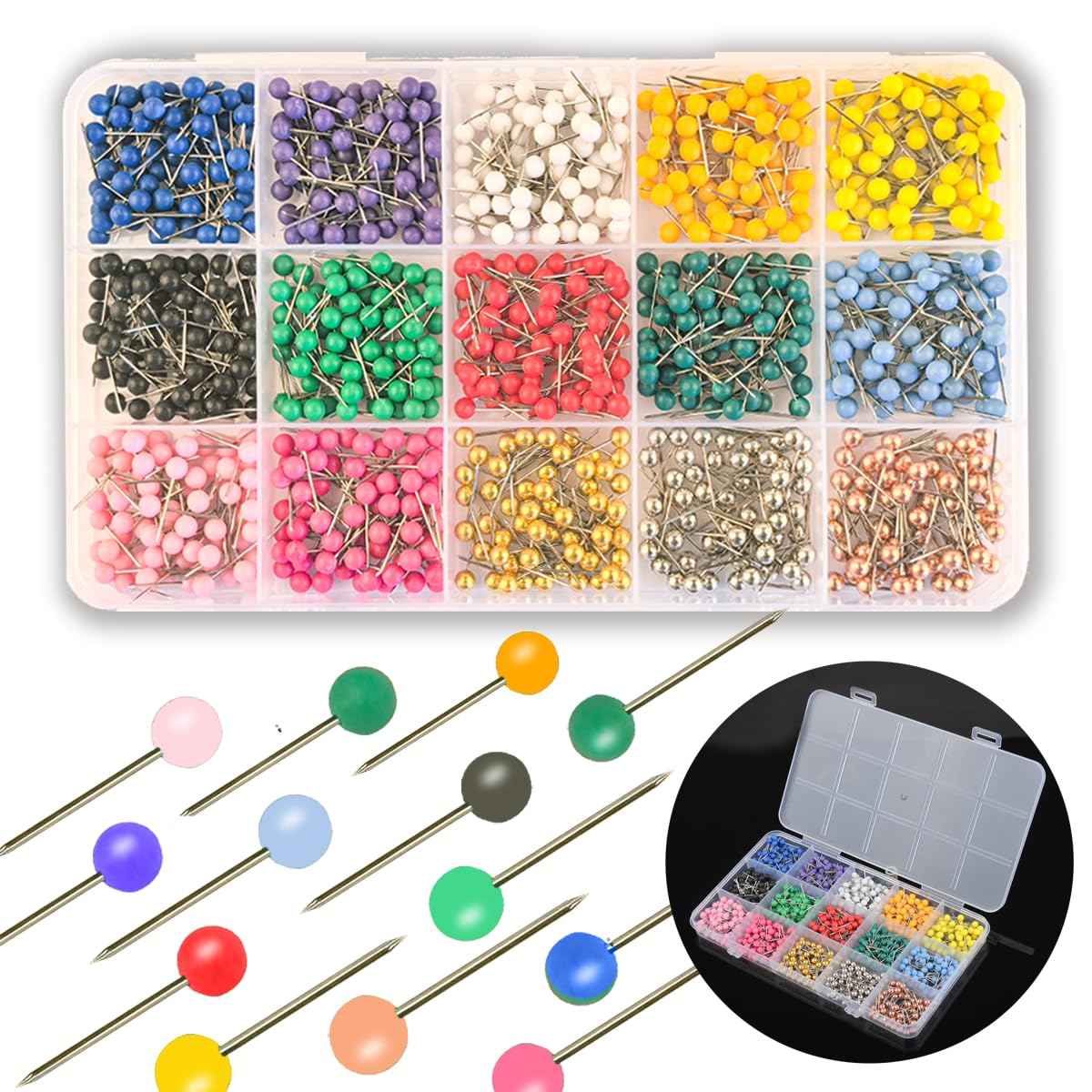 Photo 1 of 1000 PCS Push Pins Map Tacks,Multi-Color 1/8" Round Head with Stainless Point,15 Assorted Colors for Bulletin Board, Cork Board, World Map Pin Board, Fabric Marking, Craft, Office