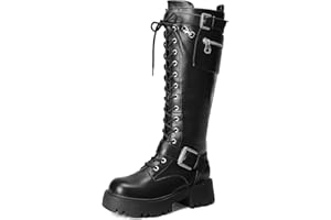DREAM PAIRS Women's Combat Riding Platform Knee High Boots, Lace Up Fall Lug Sole Gothic Motorcycle Boots with Inside Zipper