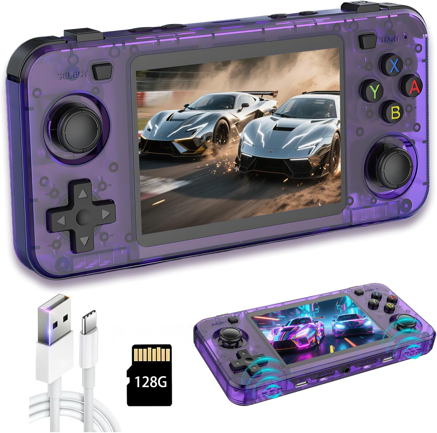 New R36H Retro Handheld Game Console, 3.5" IPS Screen Portable Video Game Console ,Built in 128G Card & 20000 Games,Open Source Linux System (Purple,128g) — image 1