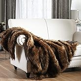 Luxury Plush Faux Fur Throw Blanket, Long Pile Brown with Black Tipped Blanket, Super Warm, Fuzzy, Elegant, Fluffy Decoration Blanket Scarf for Sofa, Armchair, Couch and Bed, 60''x 80''